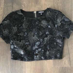 Sequin and textured black crop top